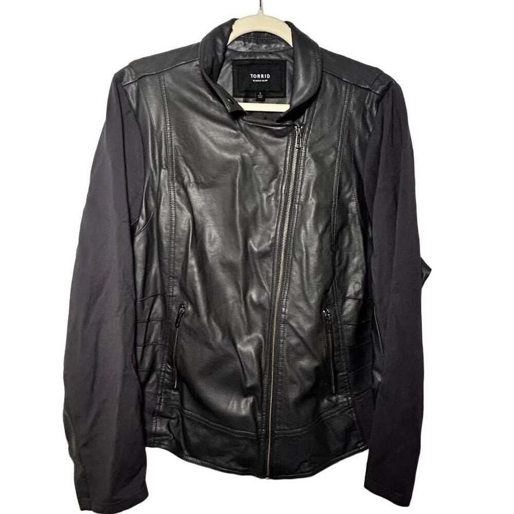 Torrid Faux Leather Jacket Size 3 Black Moto Knit Sleeve